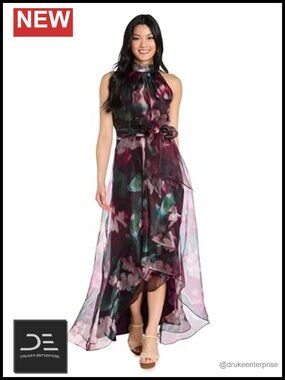 Floral Organza Halter Hi-Low Dress with Sash for Weddings